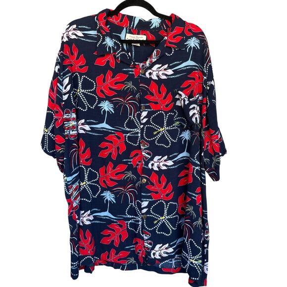 Casual Threads Shirt Mens 2XL Navy Blue Red Hawaiian Floral Rayon Camp Aloha - Picture 2 of 9